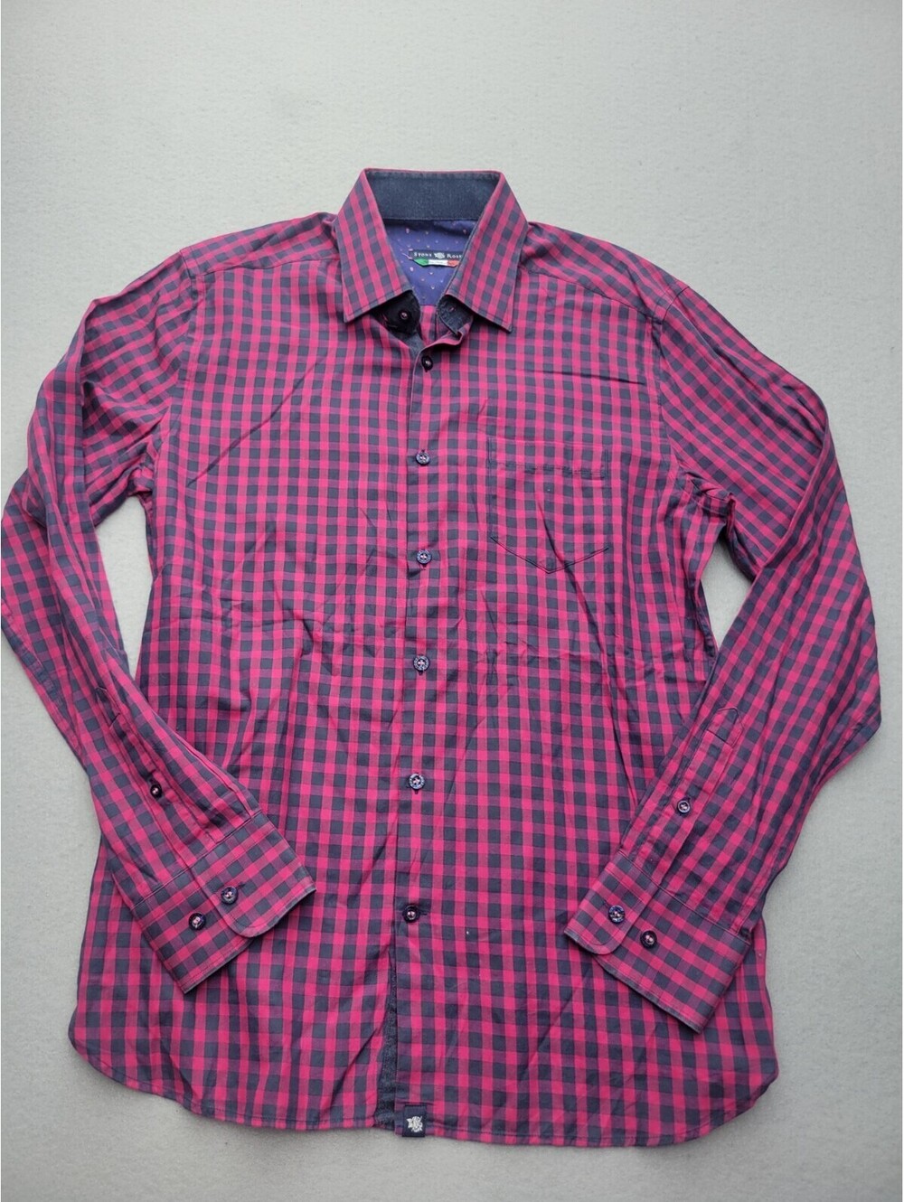 Stone Rose Men's Button-Up Medium Pink/Grey Long Sleeve Plaid Cotton Knit